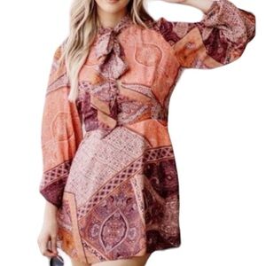 Revolve x Divine Heritage Orchid Mini Dress Long Sleeves Neck Tie XS New